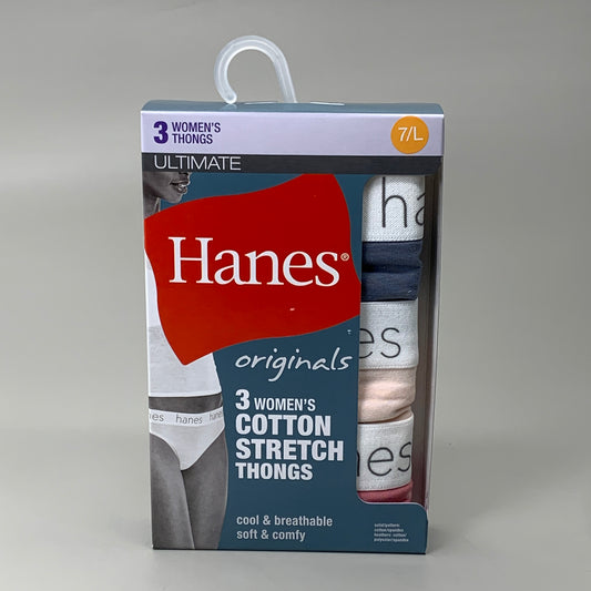 HANES 3 PACK!! Originals Women's Breathable Cotton Stretch Thongs Underwear Sz 7/L Blue/Buff/Pink 45OUBT