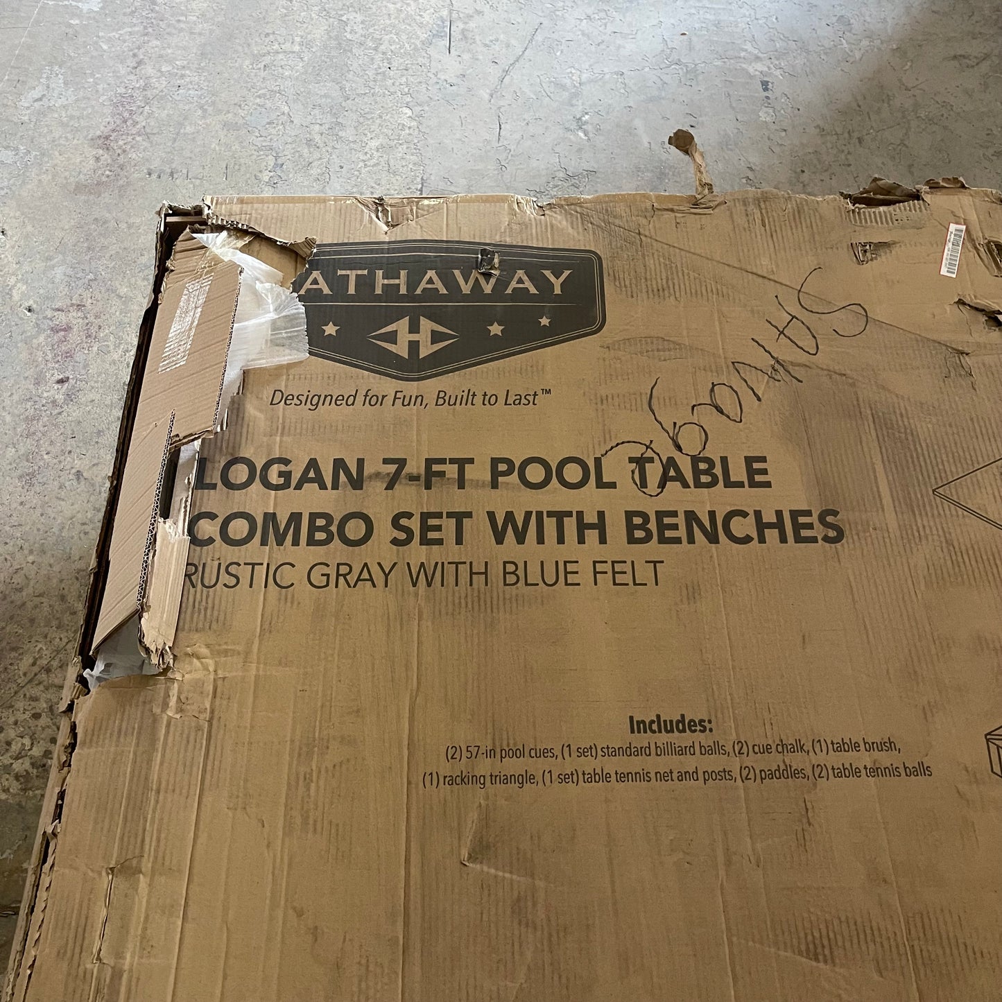 Z@ HATHAWAY LOGAN 7-ft Pool Table Combo Set w/ Benches, Rustic Gray w/ Blue Felt BG50348 (New, Damaged Box)