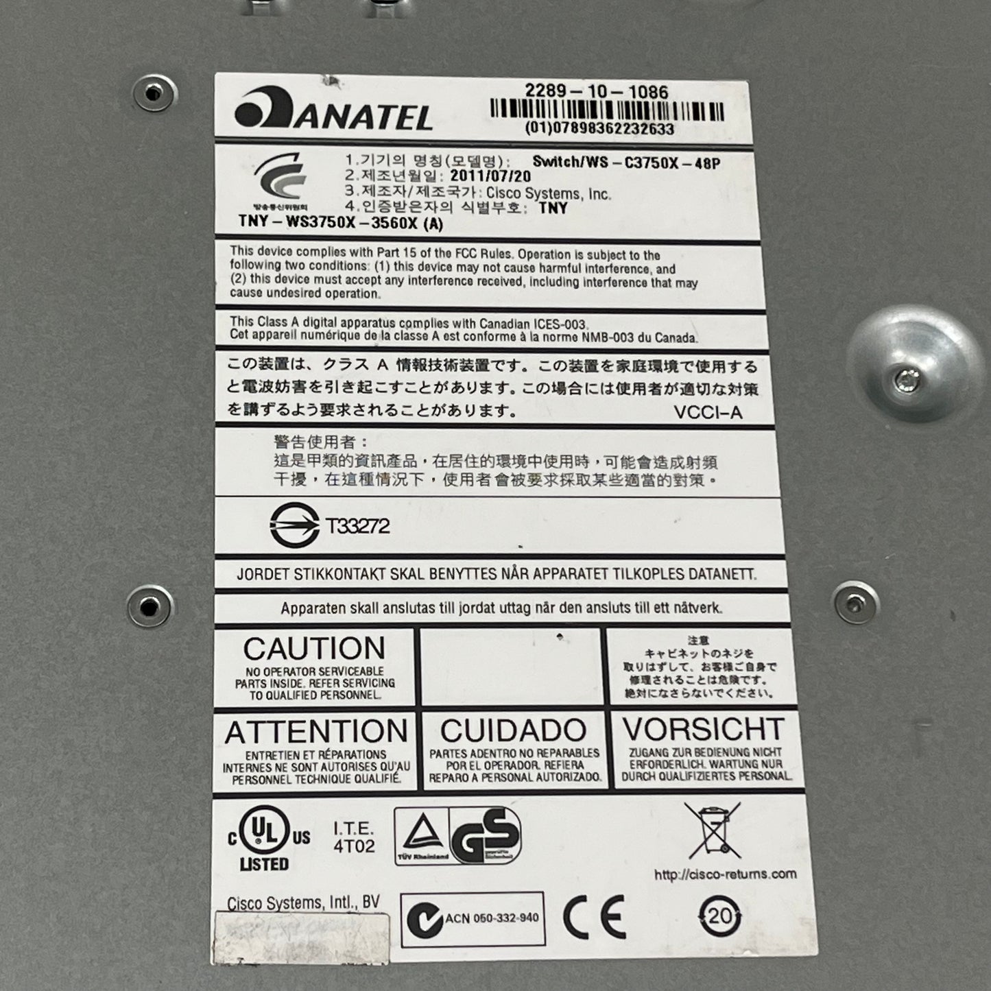 VARDATA Cisco Catalyst 3750-X Series PoE+ 48 Ports Gig Etherent WS-C3750X-48PF-S