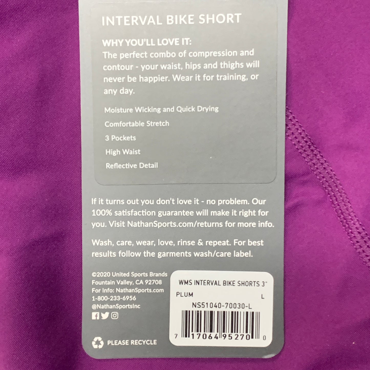 NATHAN Interval 3" Inseam Bike Short Women's Plum Size L NS51040-70030-L