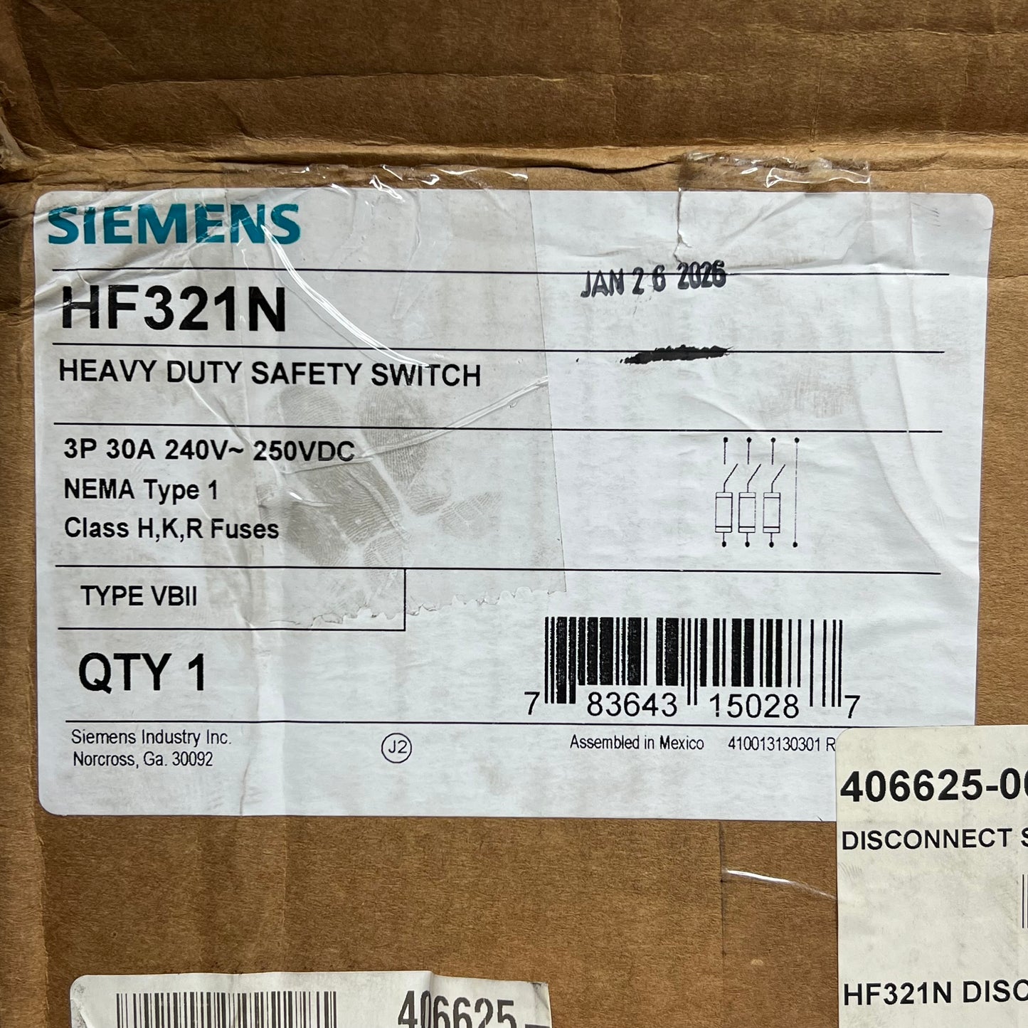 SIEMENS 30 Amp 3-pole Heavy Duty Fusible Safety Switch 240 VAC/250VDC HF321N