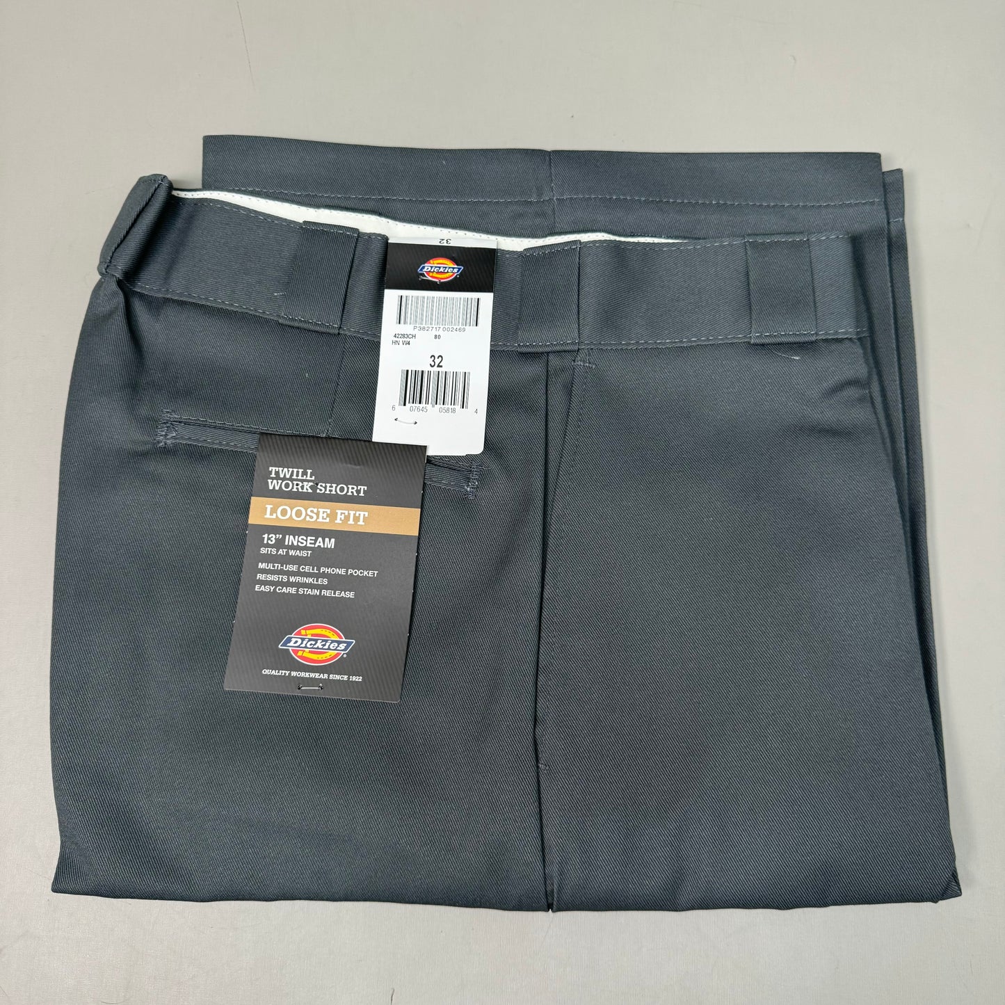 DICKIES Loose Fit Twill Work Shorts 13" Inseam Men's Sz 32 Charcoal Grey 42283CH