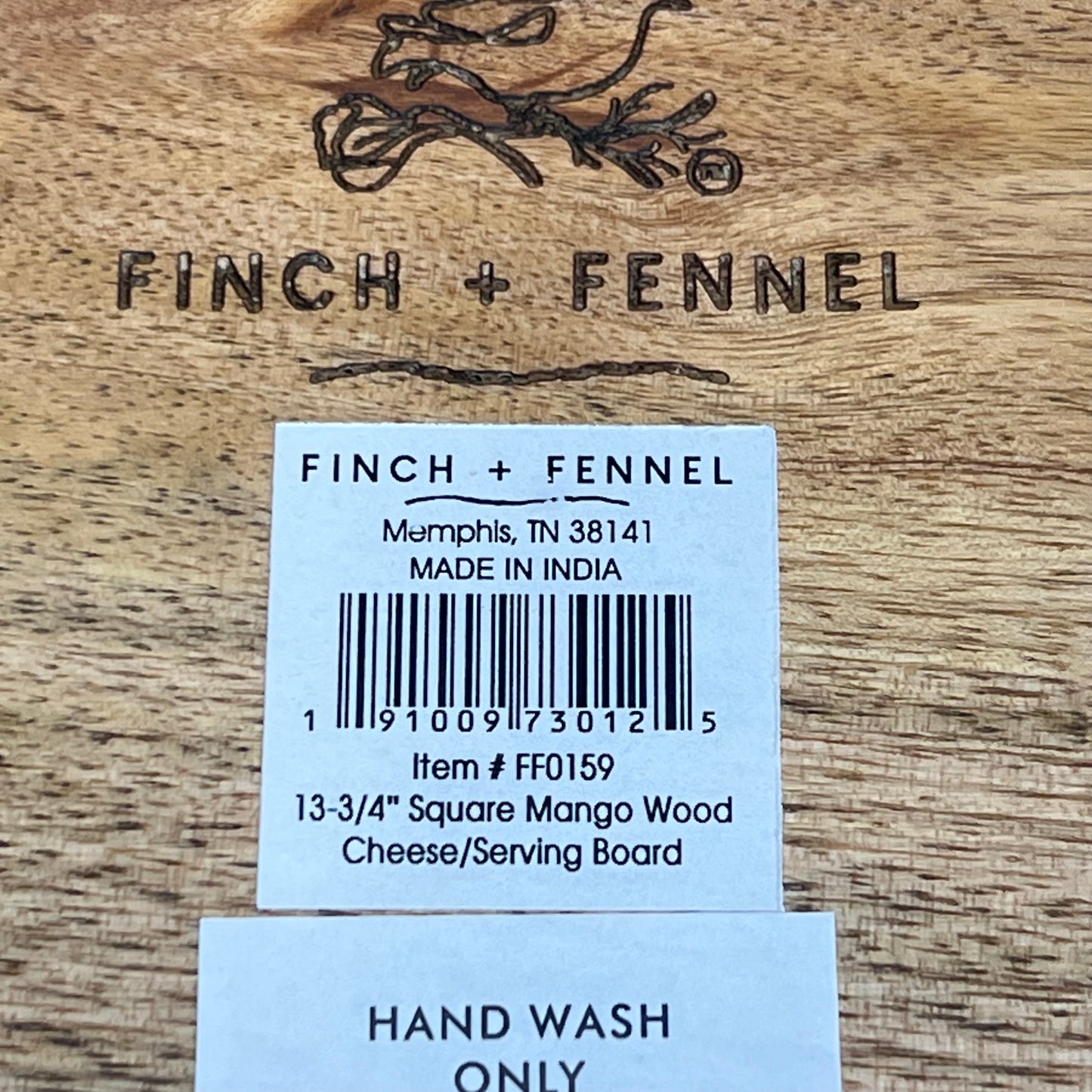 FINCH + FENNEL Square Mango Wood Cheese Serving Board  13-3/4" Natural FF0159