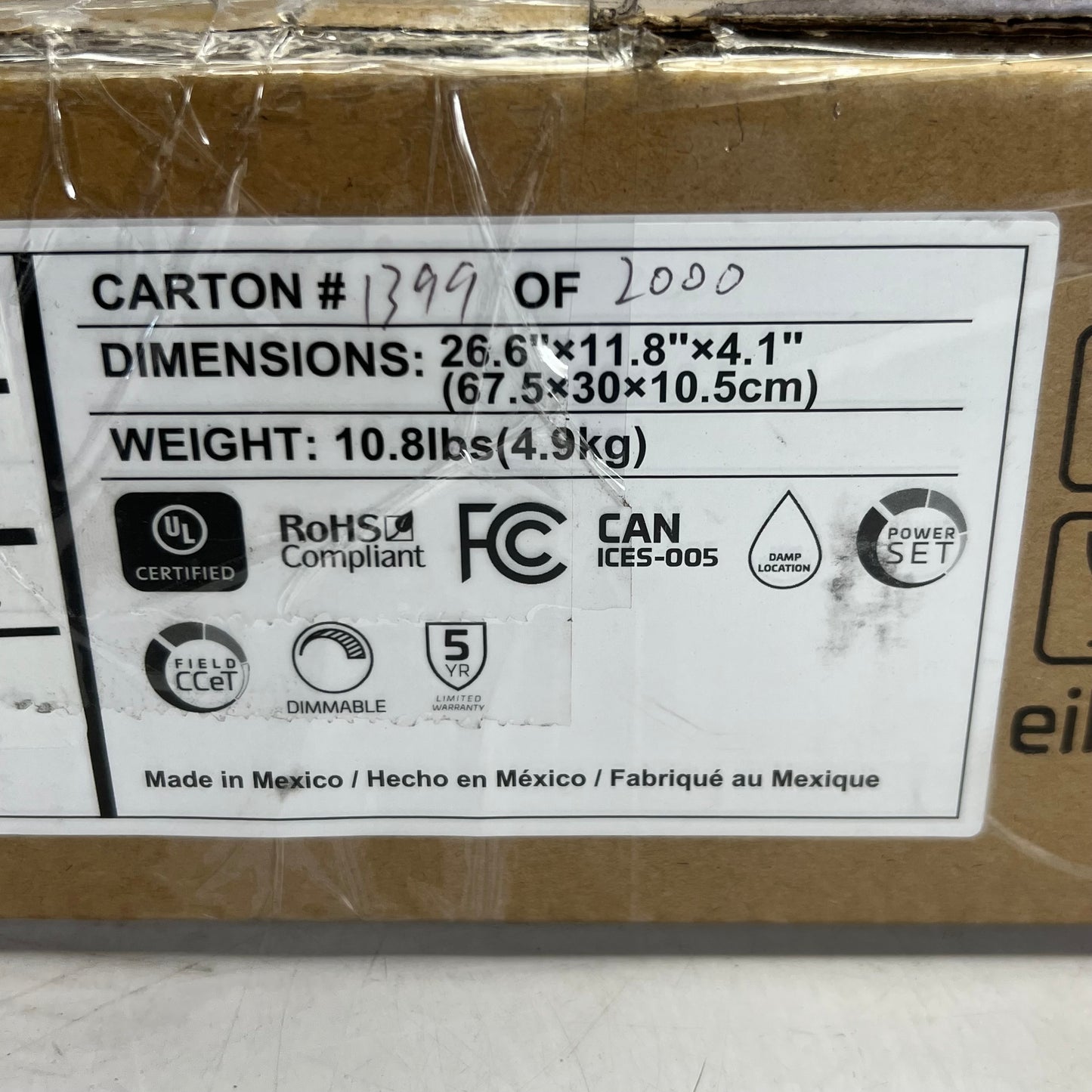 EIKO 90 Watt Linear High Bay LED Light 26.6" x 11.8" x 4.1" White LHS1-PS90-8FCCT-HDIM-VCK