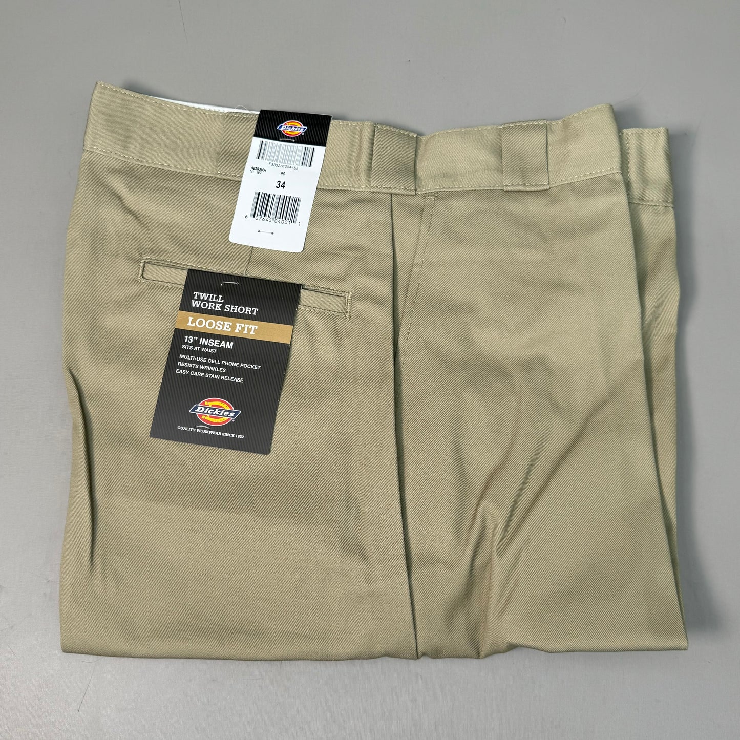 DICKIES Loose Fit Twill Work Shorts 13" Inseam Men's Sz 34 Khaki 42283KH