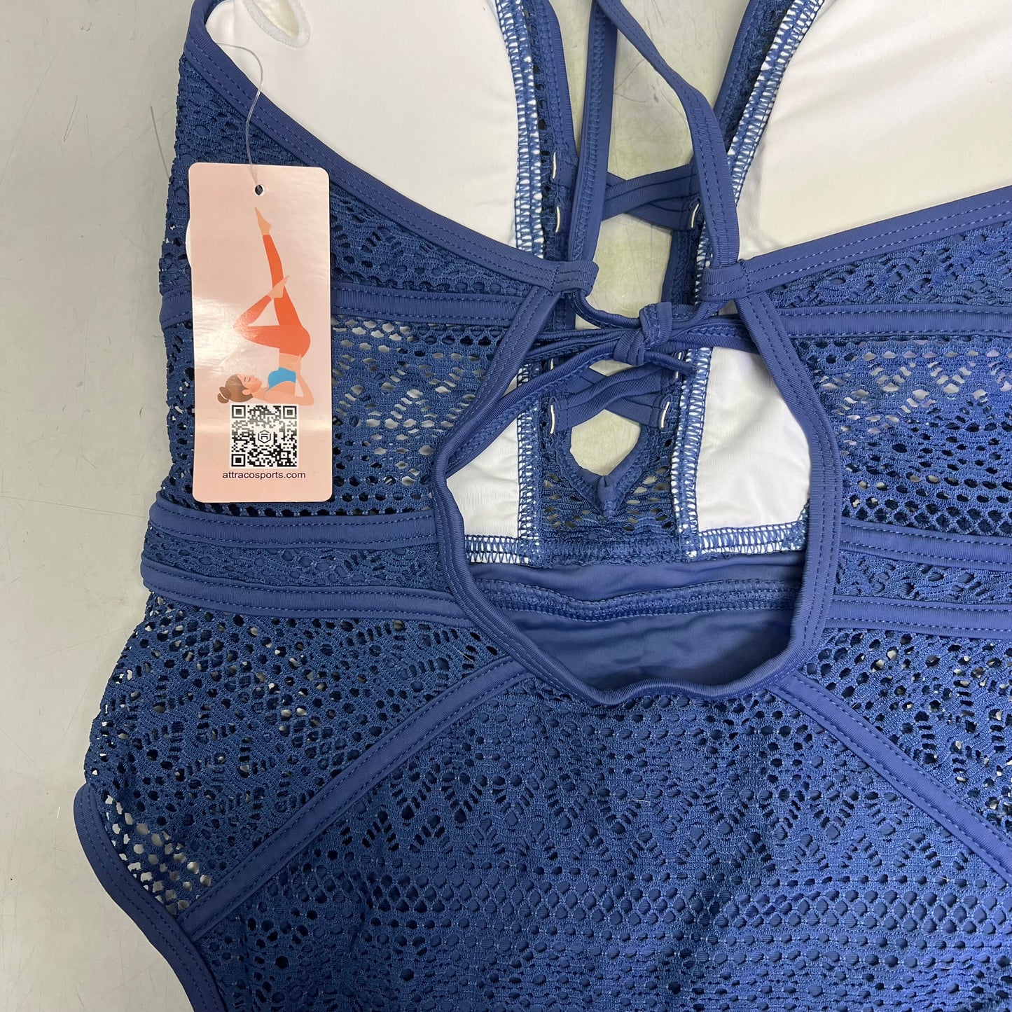 CHARMO Solid Cross Plunge Crochet One Piece Swimsuit Women's Sz S Blue