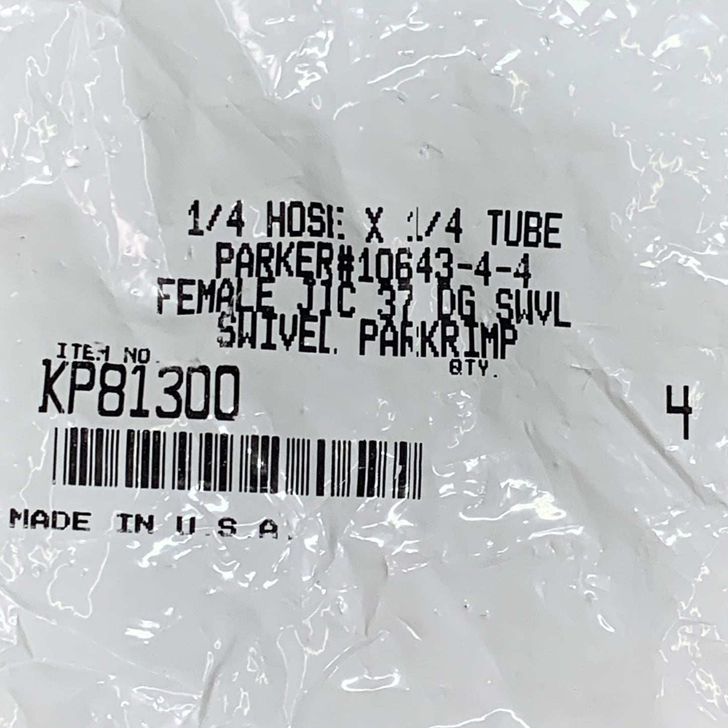 PARKER (4 PACK) Hydraulic Hose Female JIC 37° Swivel 1/4" x 1/4" Steel KP81300