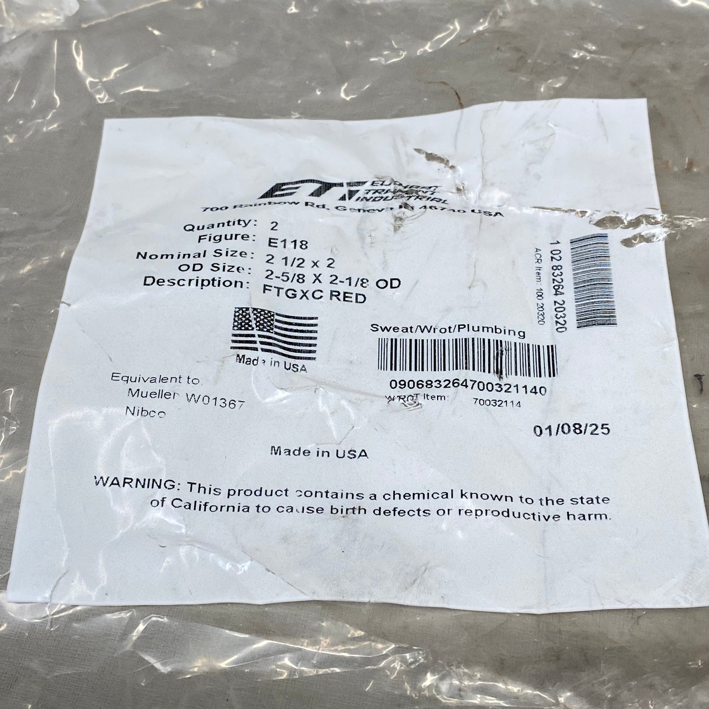 MUELLER (2 PACK) Copper Solder Joint Fittings 2-5/8 x 2-18 As-is(See Images) Brass E118