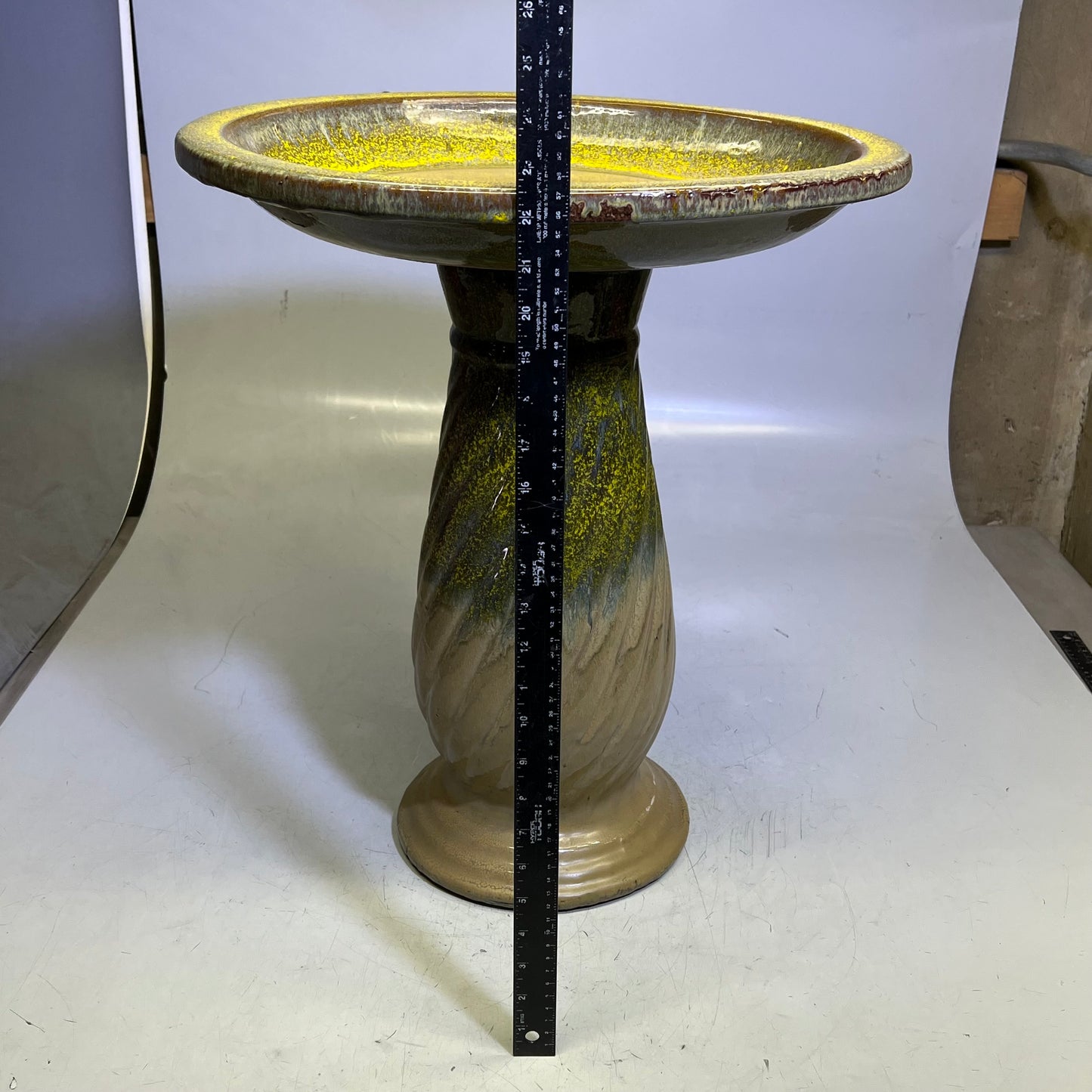 ZA@ Glazed Pottery 2 Piece Swirl Stand Bird Bath 22" L x 20" Dia Bright Yellow/Taupe