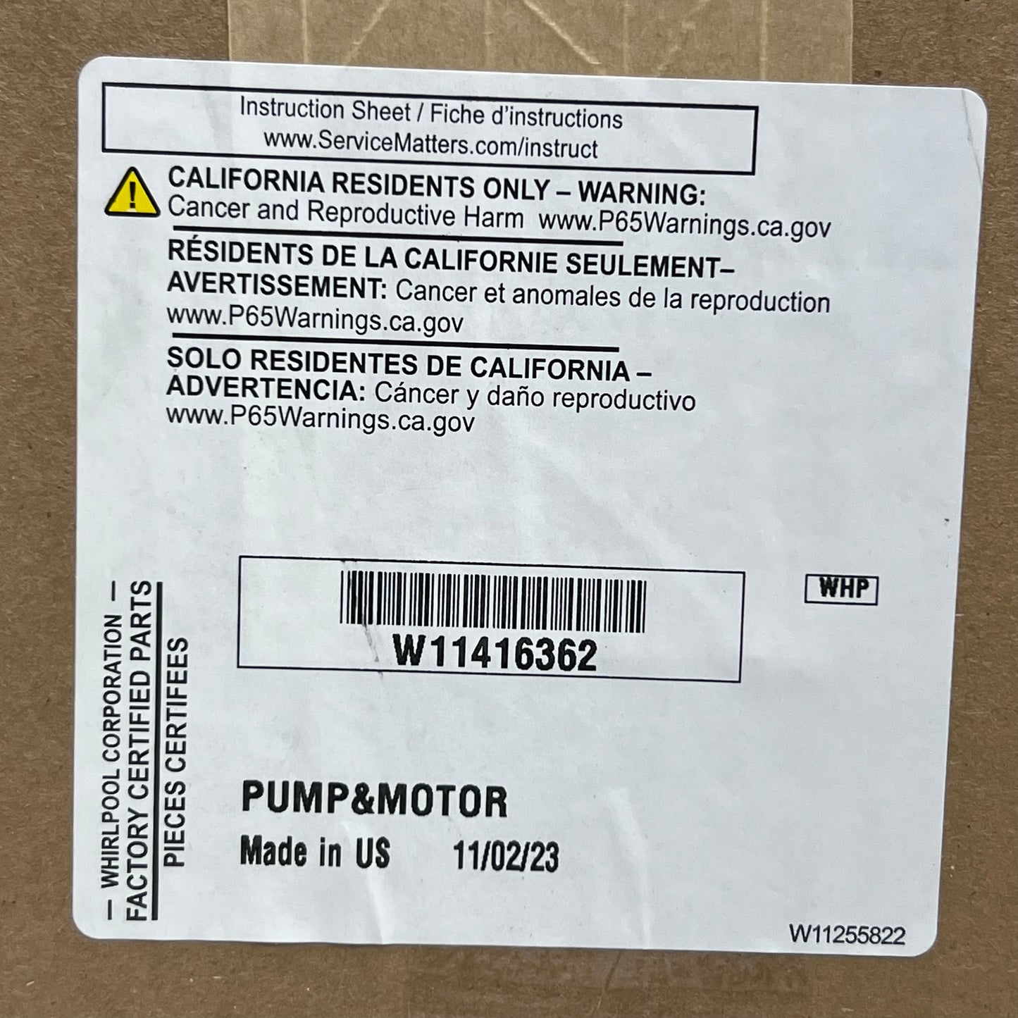 WHIRLPOOL Factory Certified Parts Pump & Motor W11416362 Black/White