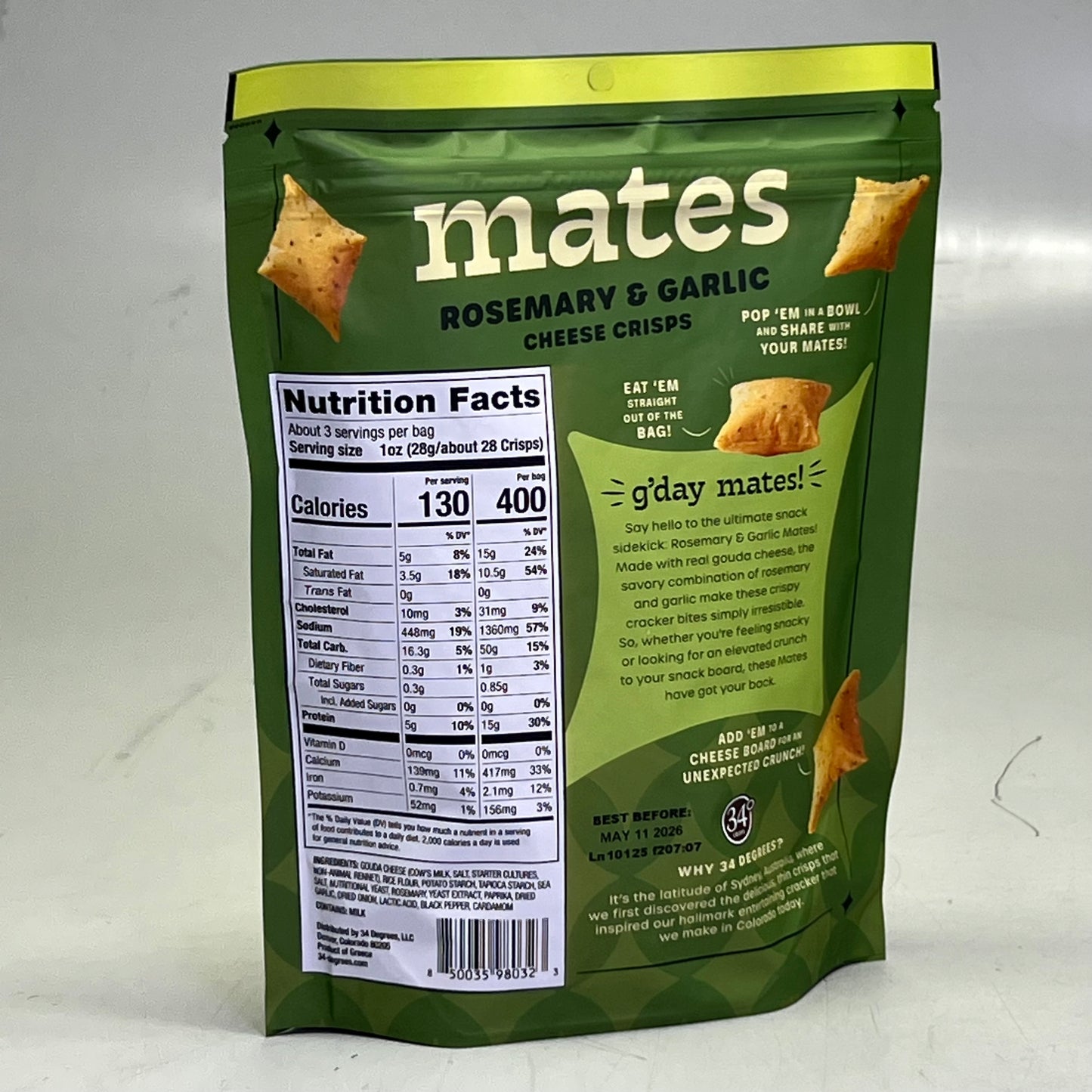 34 DEGREES (4 PACK) Mates Rosemary & Garlic Cheese Crisps 3 oz BB 05/26