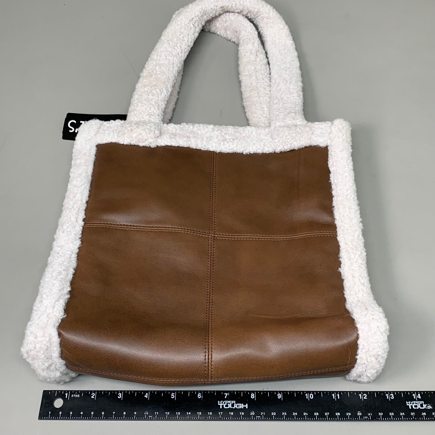 MITCHIES Leather Tote Bag Shearling Trim Button Close & Pockets Brown PRMK07