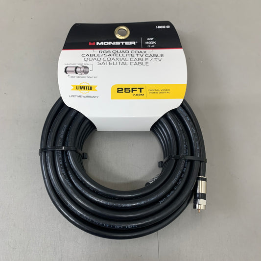 MONSTER RG6 Quad Coax Satellite Tv Cable 25ft Black 140032-00