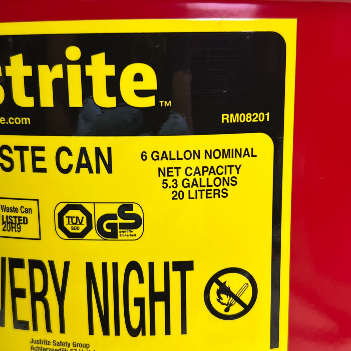 JUSTRITE Oily Waste Can 6 Gal w/ Foot Lever Red 09100