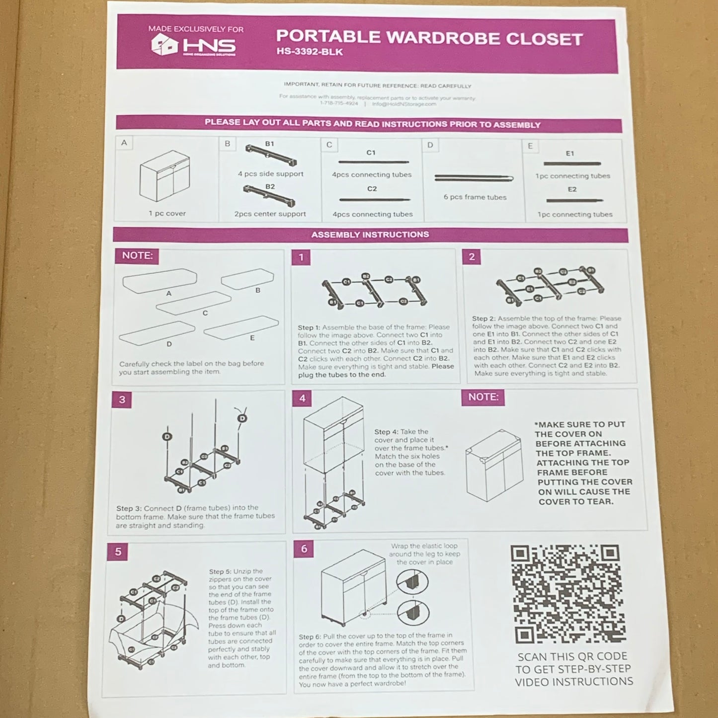 HNS Portable Wardrobe Closet & Metal Hanging Rod 60"Lx19.5"D Black HS-3392-BLK