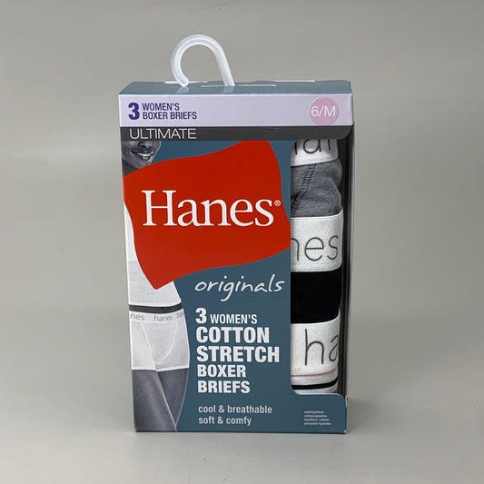 HANES 3 PACK!! Originals Women's Breathable Cotton Boxer Briefs Underwear Sz M Black/Heather/Stripe 45OUBB