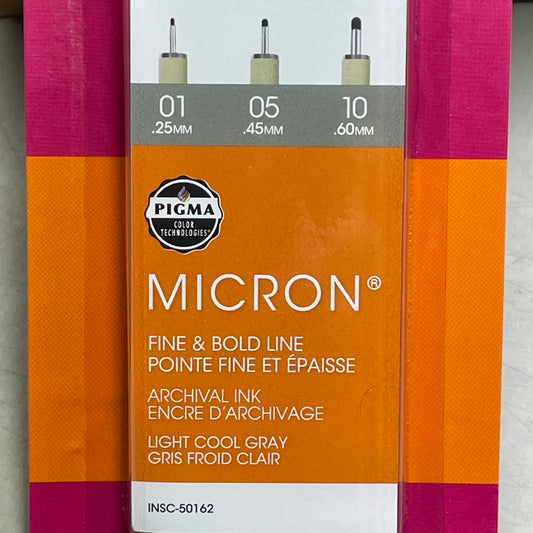 SAKURA (3-Pack) Pigma Micron Pens 0.25mm, 0.45mm, 0.60mm Light Cool Gray 37903