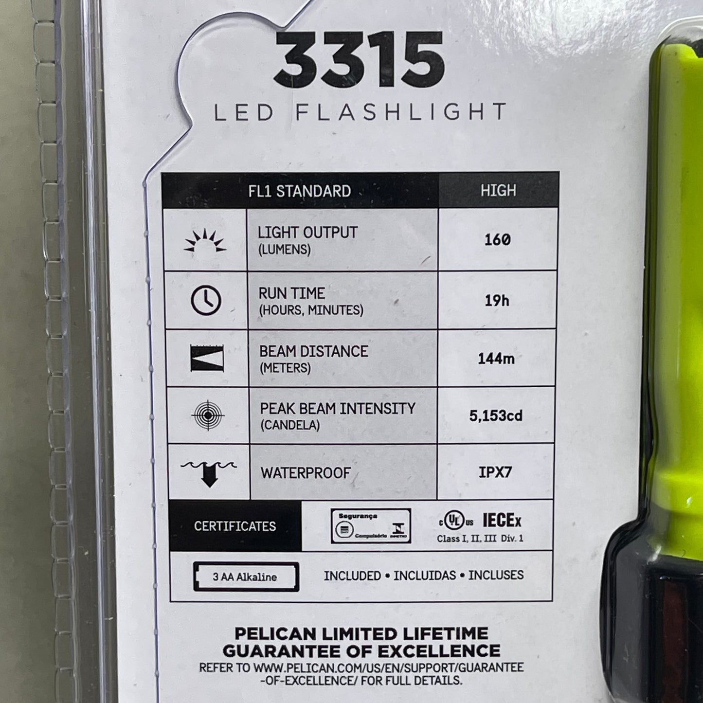PELICAN 3315 LED Waterproof Flashlight 19-hour Neon Yellow ‎033150-0103-245