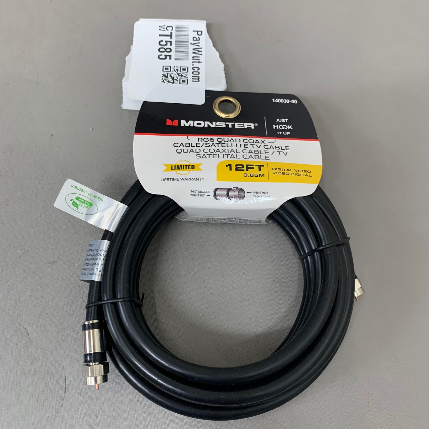 MONSTER (2Pack) RG6 Quad Coax Satellite Tv Cables 6ft, 12ft Black 140036-00,140030-00