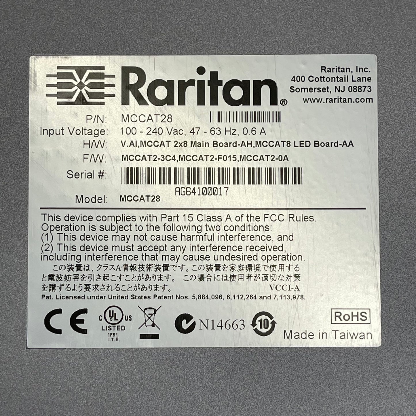 RARITAN MasterConsole CAT28 KVM Switch MCCAT28 (Used, Working)