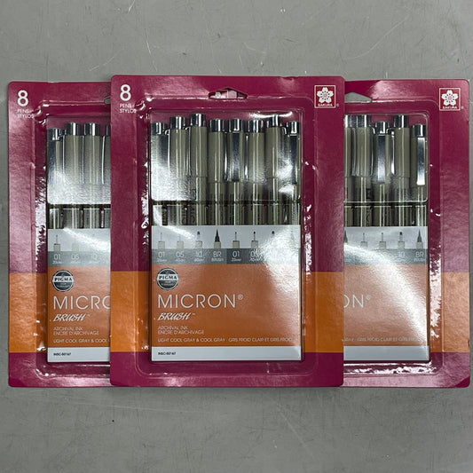 SAKURA (3-PACK) Pigma Micron Pens & Brush 0.25mm, 0.45mm, 0.60mm Gray 50167