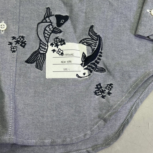 THOM BROWNE Embroidered Koi Fish Button Up Shirt Designer Sz 1  Blue (Pre-Owned)