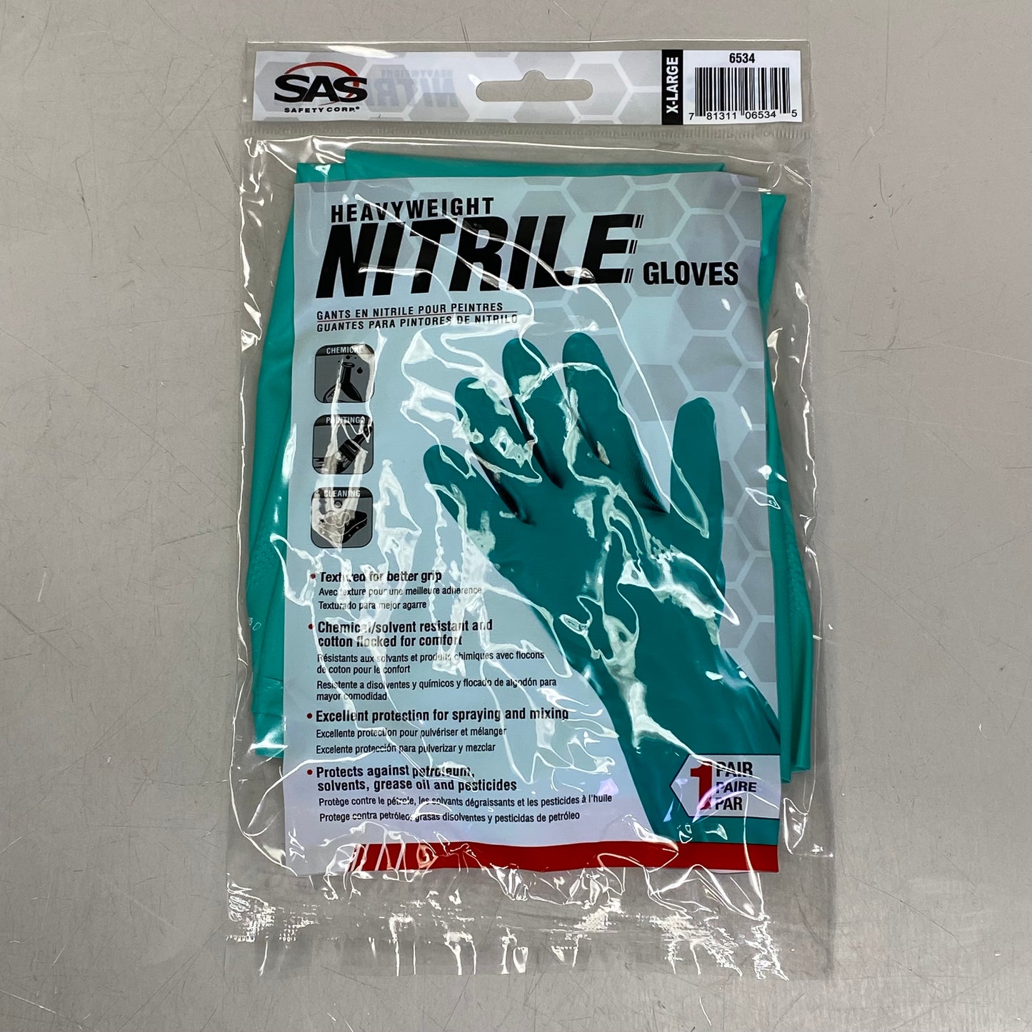 SAS SAFETY CORP (3 PACK) Heavy Weight Nitrile Gloves  XL Green 6534