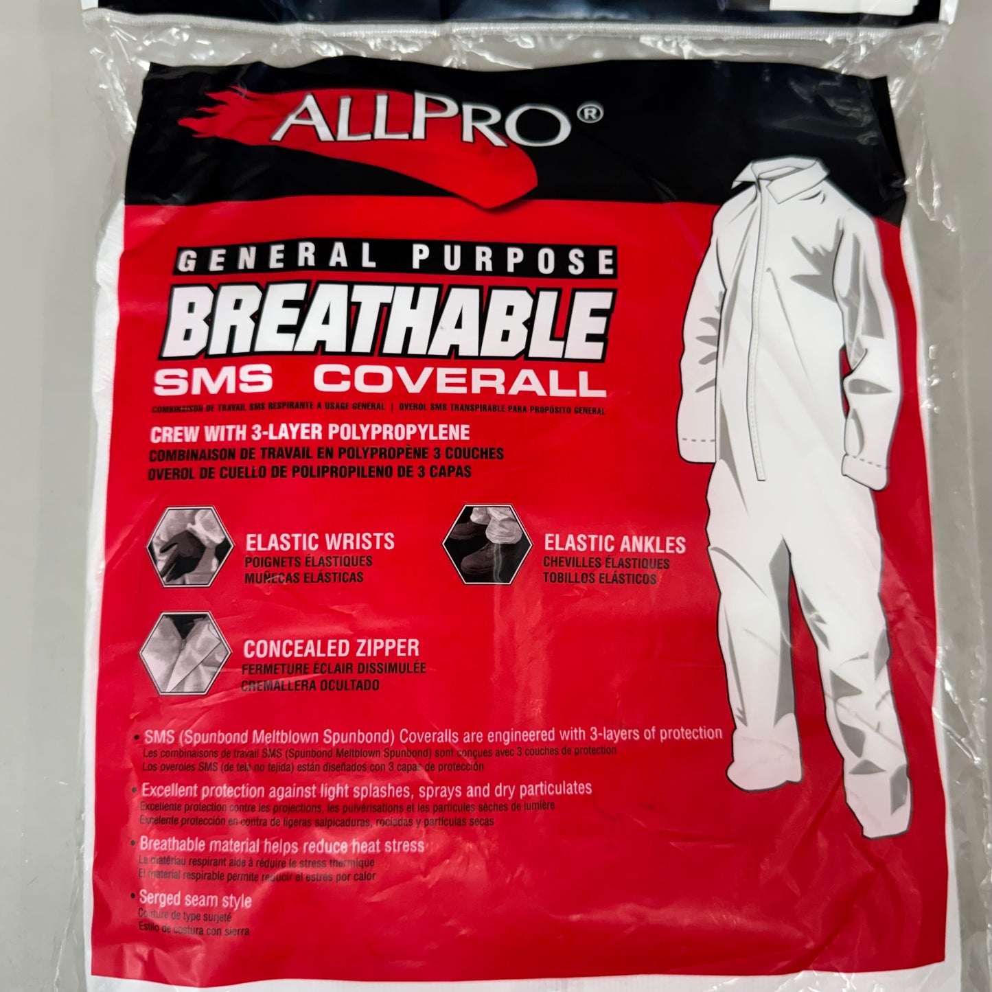 GENERAL PURPOSE (12 Pk) Breathable Sms Coverall Crew L White 6964A W/ 3-layer Polypropylene