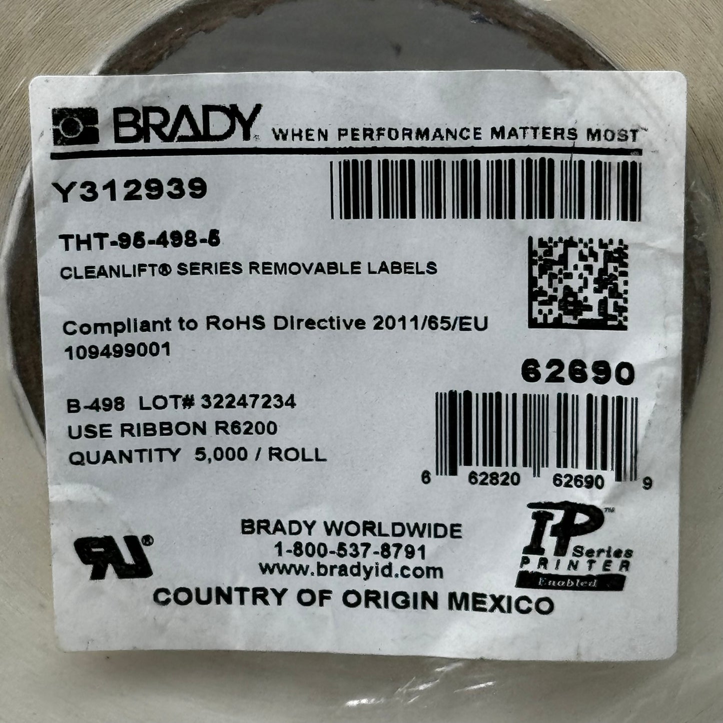 BRADY Vinyl Cloth Printer Labels THT-95-498-5 5,000/a Roll White