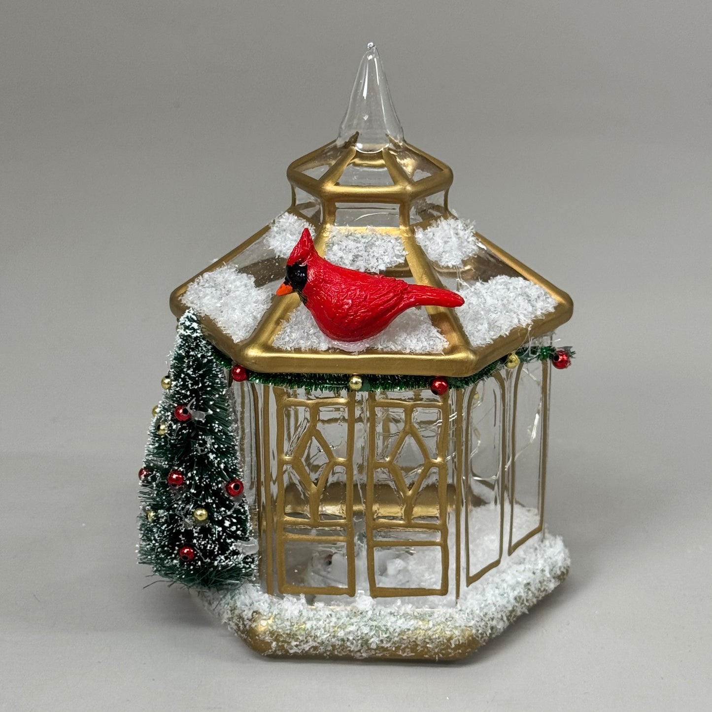 RAZ IMPORT Lighted Pagoda w/ Cardinal Bird & Christmas Tree 7" Gold/Red 4424594