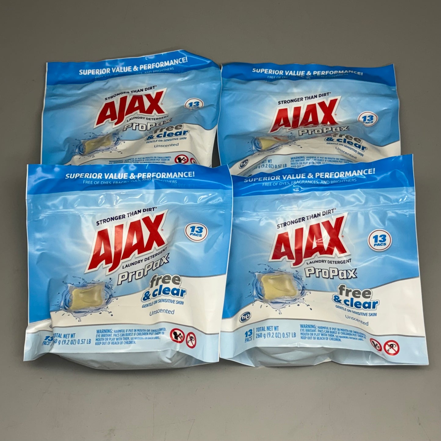 AJAX Laundry Detergent ProPax Free & Clear Unscented (4 Pack of 13) 9.2oz