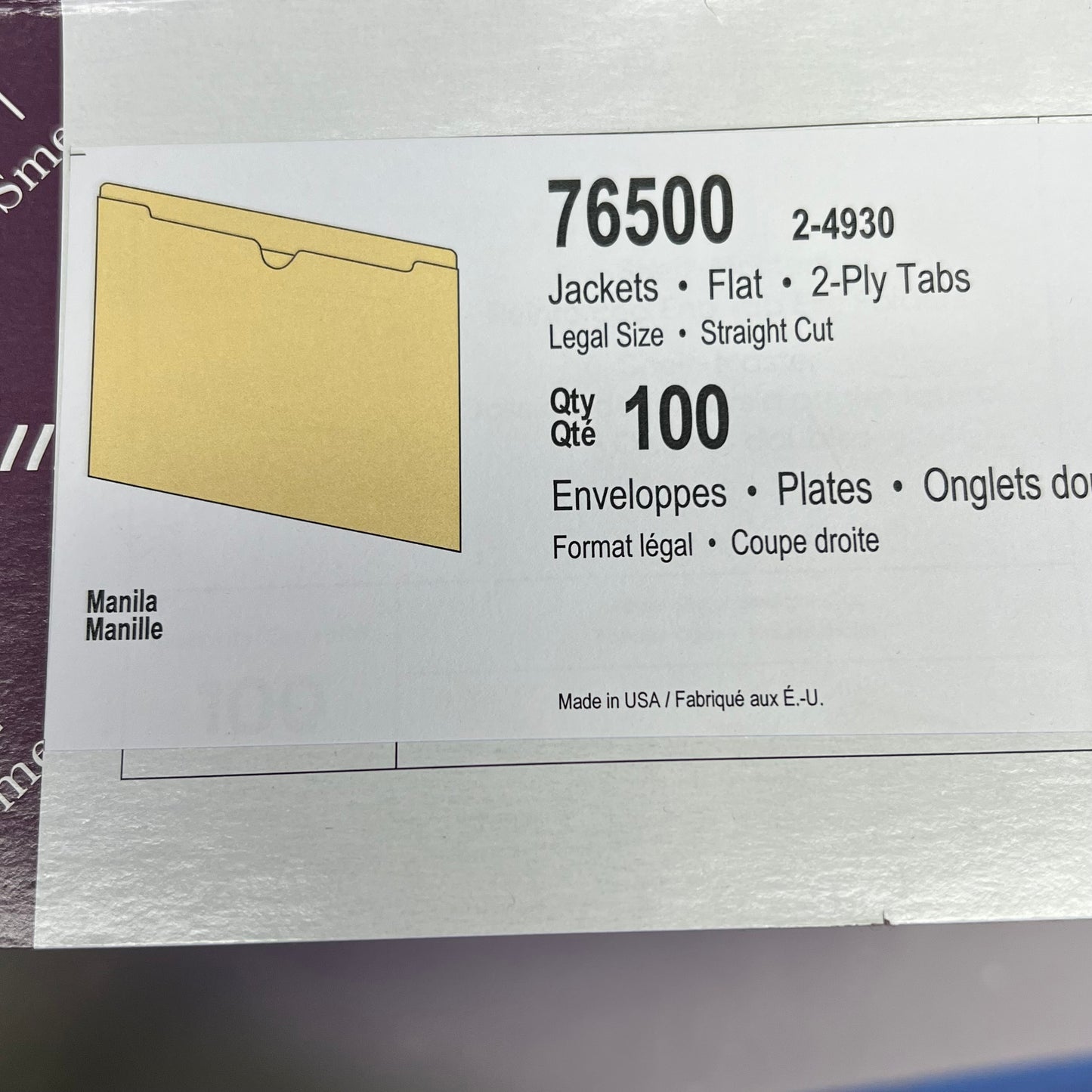 SMEAD (100 PACK) Flat File Jackets Straight Cut Reinforcement Tab Legal Sz 76500