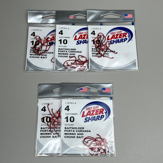 EAGLE CLAW (5 PACK) Lazer Sharp Down eye Offset Baitholders Red #4 10pc L181RG-4