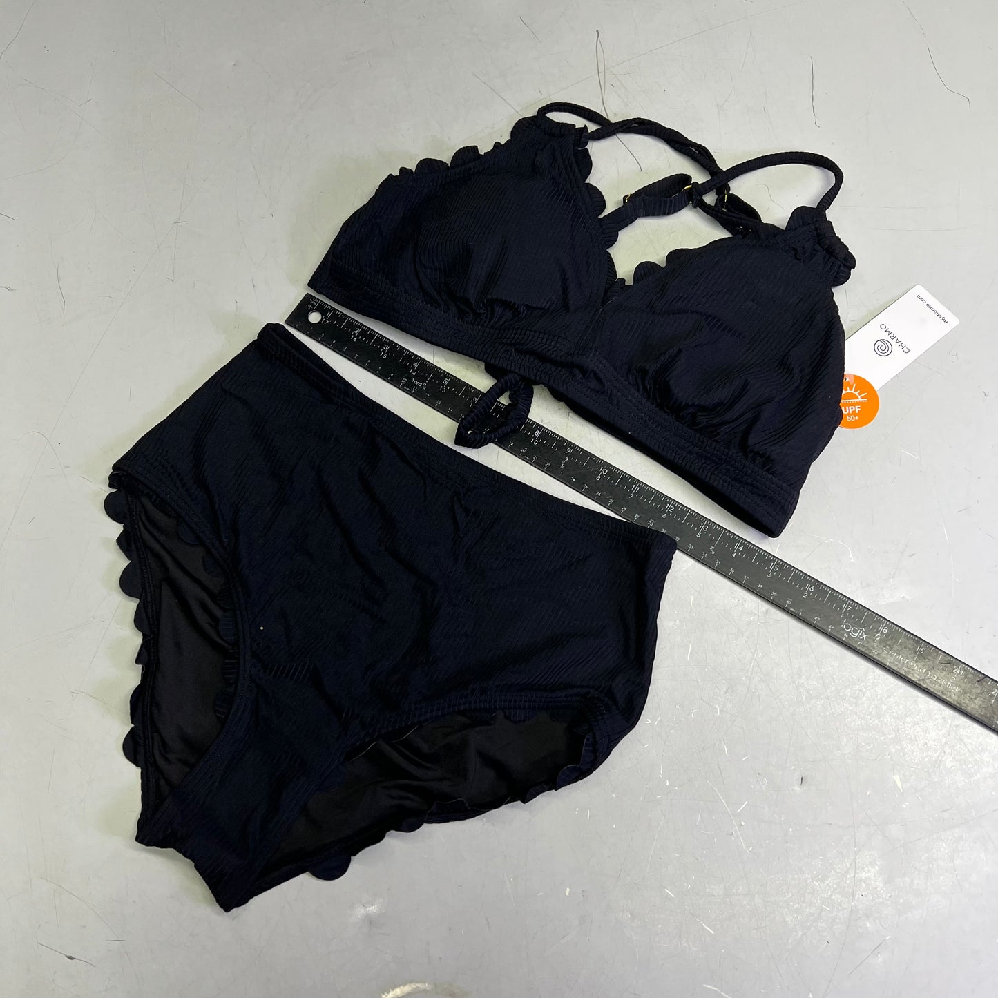 CHARMO Scalloped High Waist Tummy Control Bikini UPF 50 Women's Sz L Black