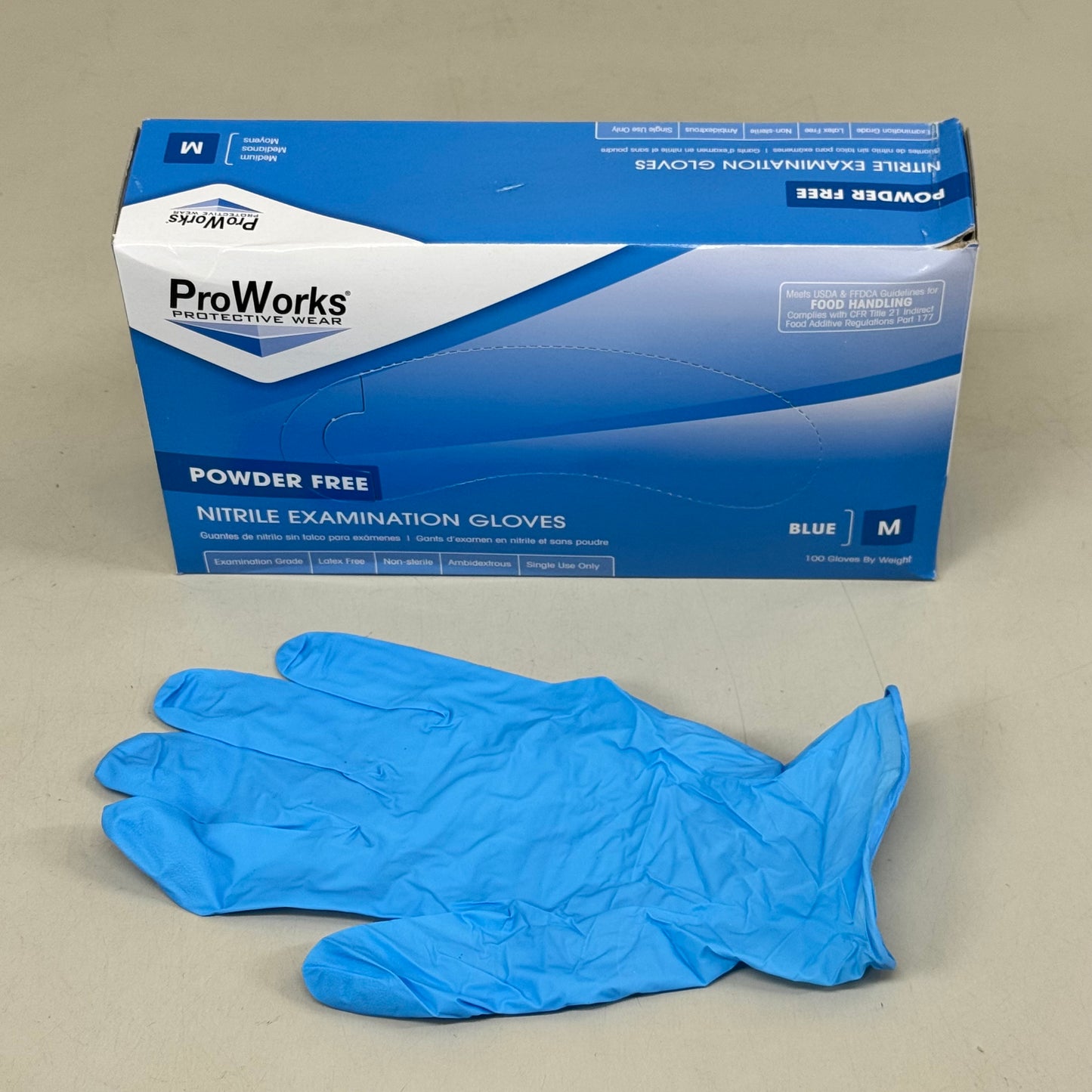 PROWORKS (100 Pack) Powder Free Nitrile Examination Gloves Medium Blue GL-N135FM