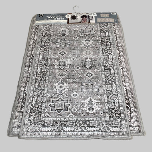 ZA@ MEMBERS MARK (2 RUGS) Ever-Wash Washable Accent & Runner Rugs Grey 23881-451