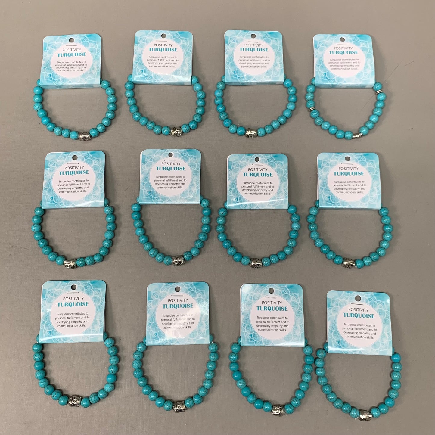 BEST WHOLESALE (12 PACK) Beaded Cracked Turquoise Crystal Bracelets 3" Silver Buddha