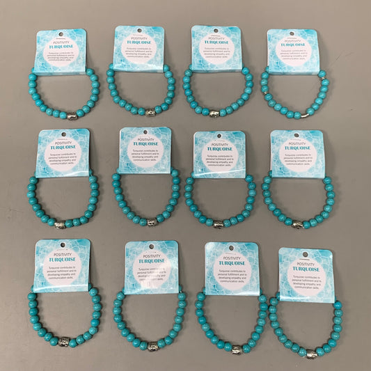 BEST WHOLESALE (12 PACK) Beaded Cracked Turquoise Crystal Bracelets 3" Silver Buddha