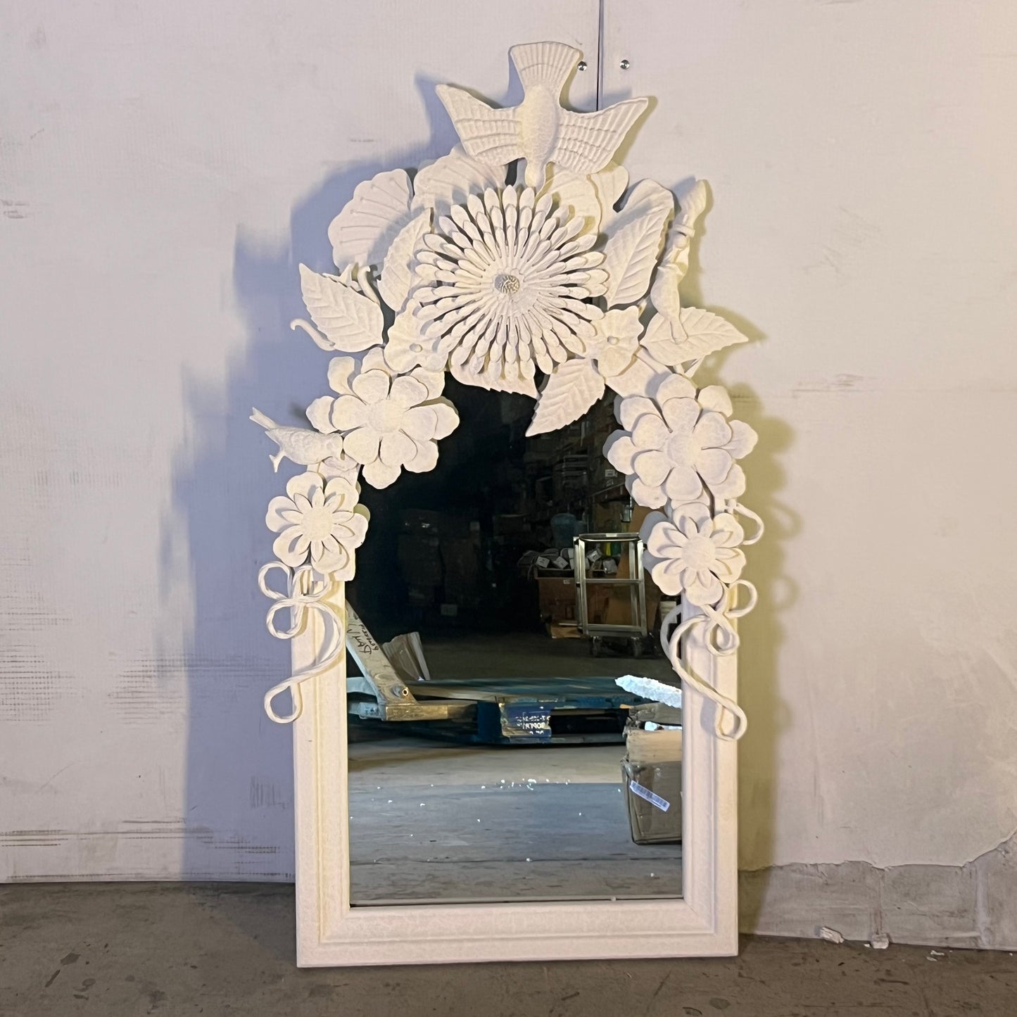 CREATIVECO-OP Wood Frame Mirror with Metal Flowers 49-1/4"H x 23.5"W Antique White DF7985 (New Other, Distressed Box)