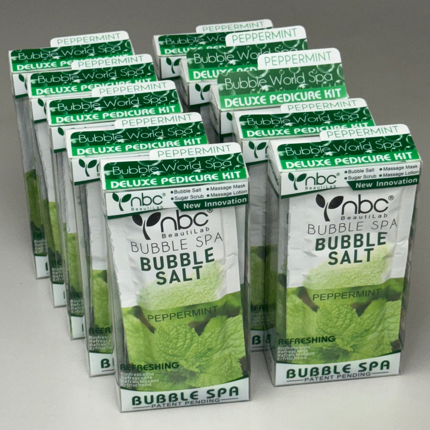 NBC BeautiLab Bubble Spa Pedicure Set (10-PK) Peppermint 4-Step w/Bubble Salt, Sugar Scrub, Massage Mask, Massage Lotion