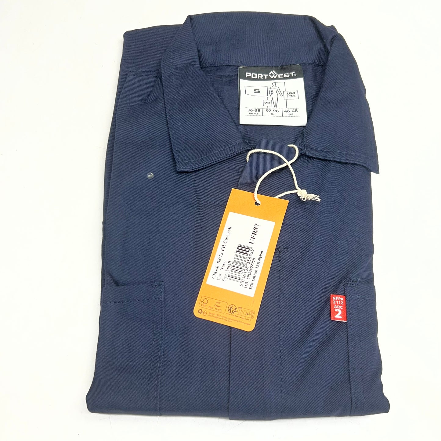 PORTWEST Bizflame 88/12 Classic FR Coveralls Sz Small, Navy UFR87