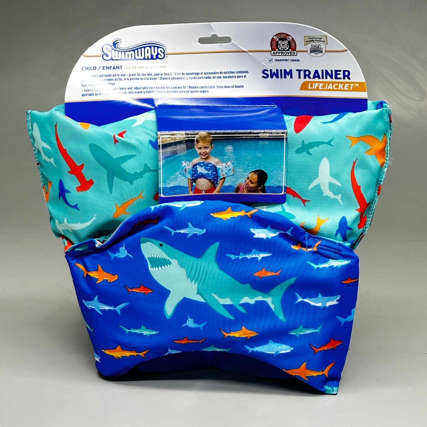 SWIMWAYS Swim Trainer Life Vest for Kids 33-55 lbs Sharks 6067368