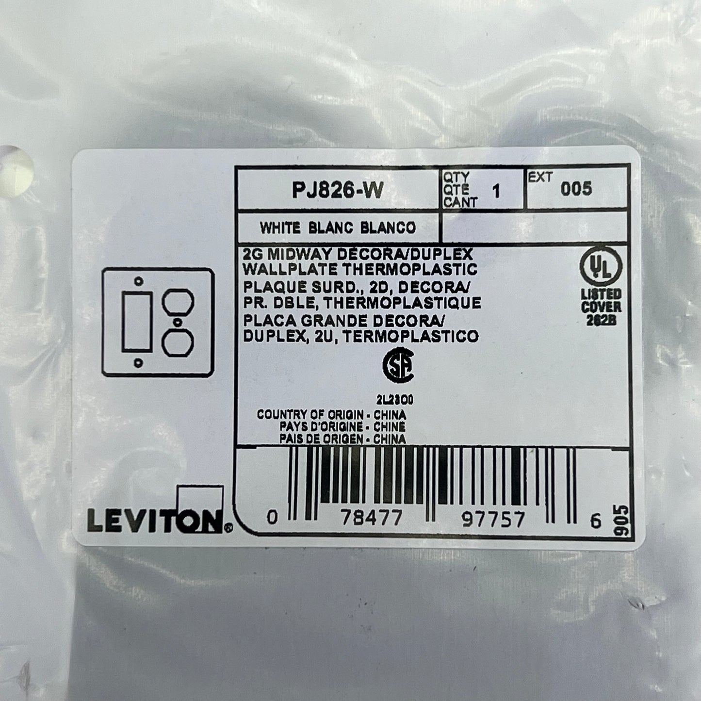 LEVITON (5 PACK) 2-Gang 1-Duplex Outlet Receptible Unbreakable Nylon  White PJ826-W