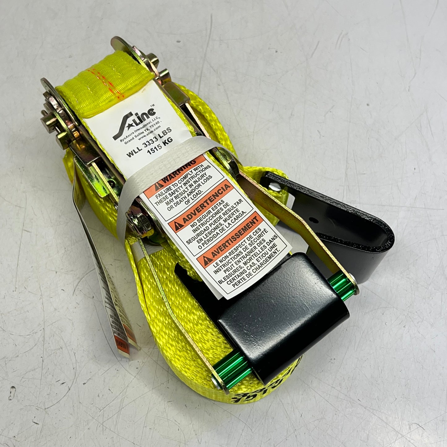 ANCRA Ratchet Strap W/ Flat Hook Latex Coated  2"x27' - 3,333 lbs Cap Yellow 557