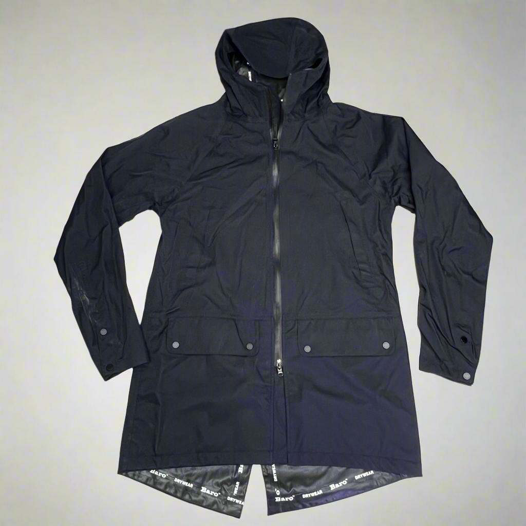 BARO Hooded Zip Closure Waterproof Drywear Long Trench Coat Unisex Sz M Black