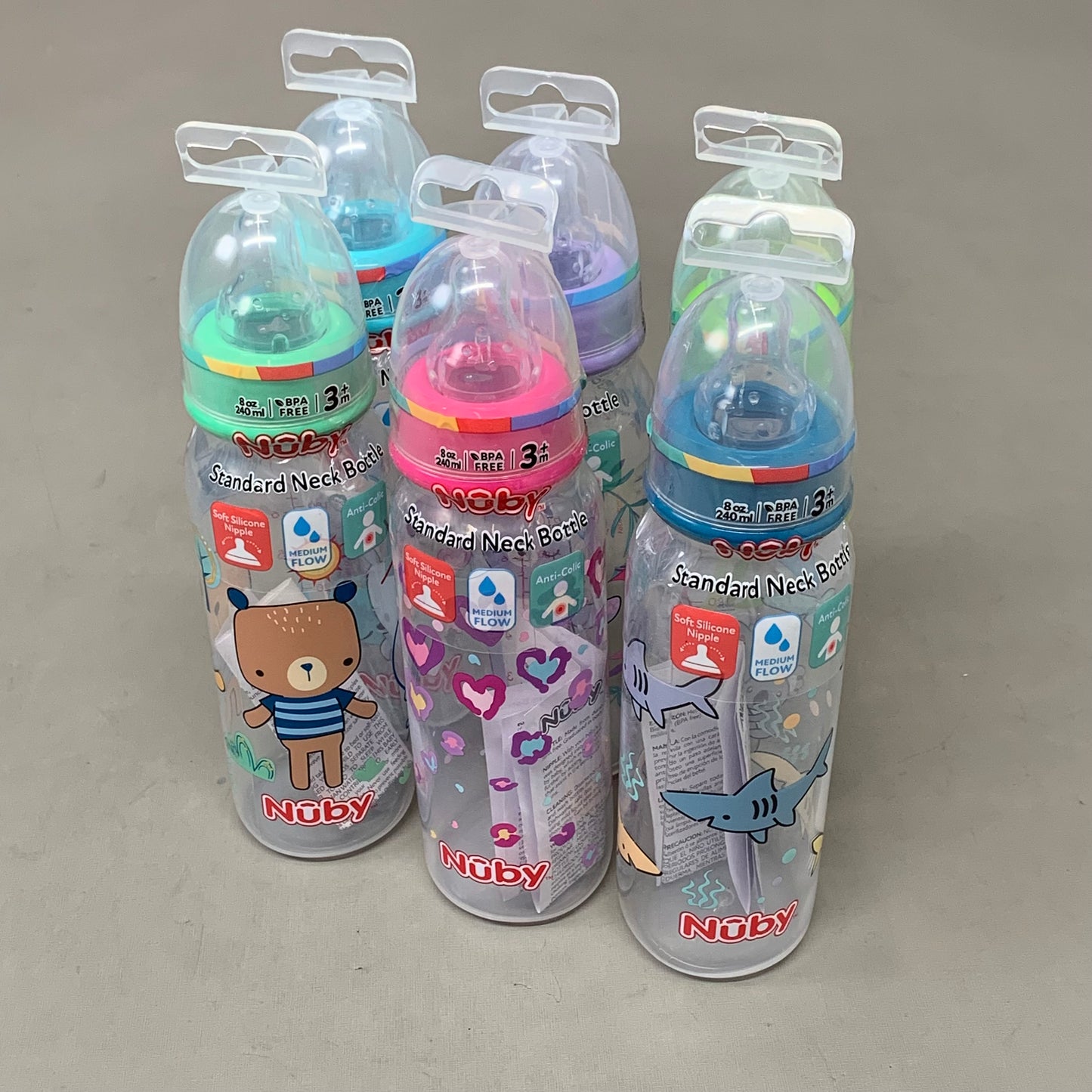 NUBY (6 Pack) Assorted Non-Drip Neck Baby Bottles As-is (slightly Damaged Packaging)  8oz Color's May Very