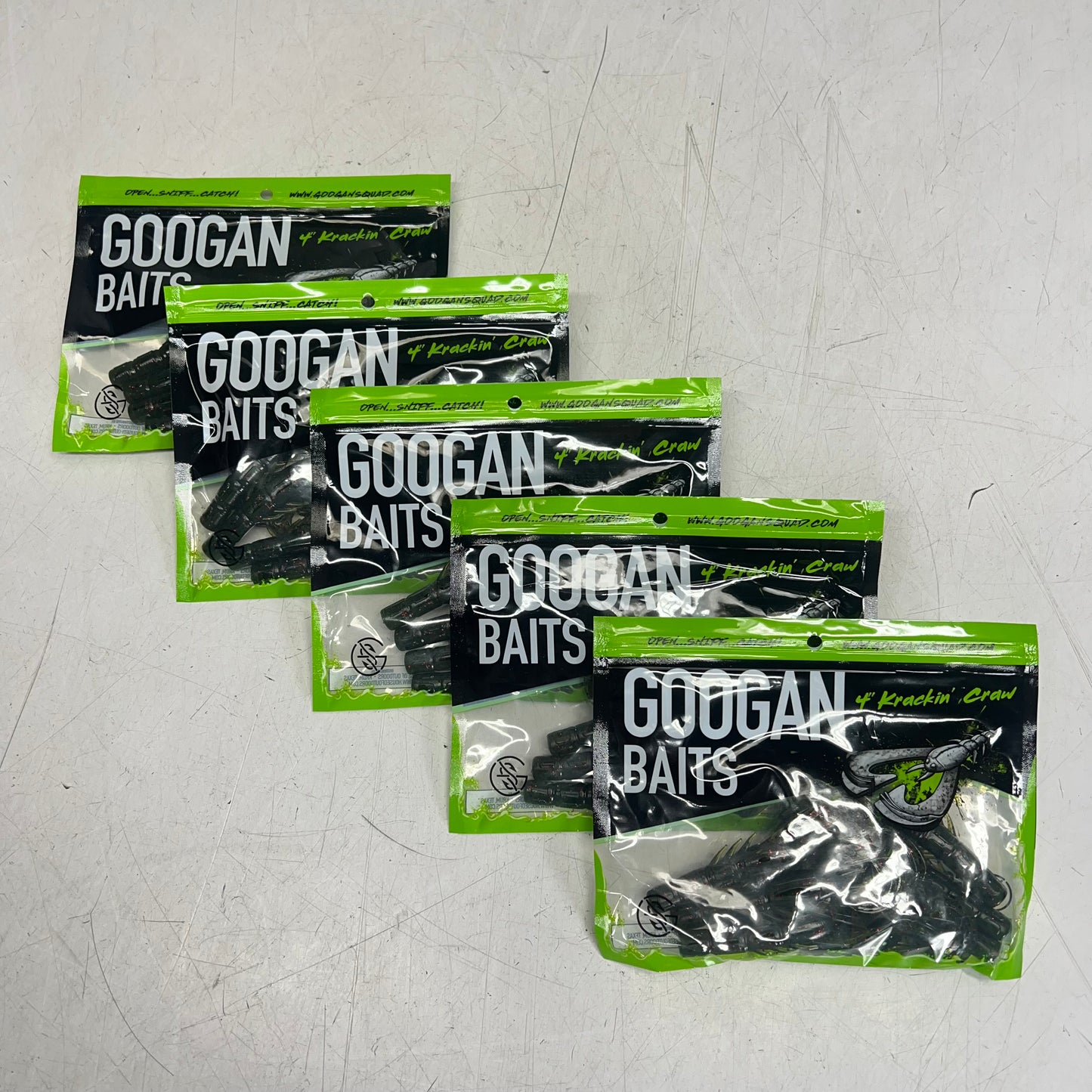 GOOGAN BAITS (5 PACK) Craw Soft Craw Bait w/ Salt 4" Watermelon Red Flake