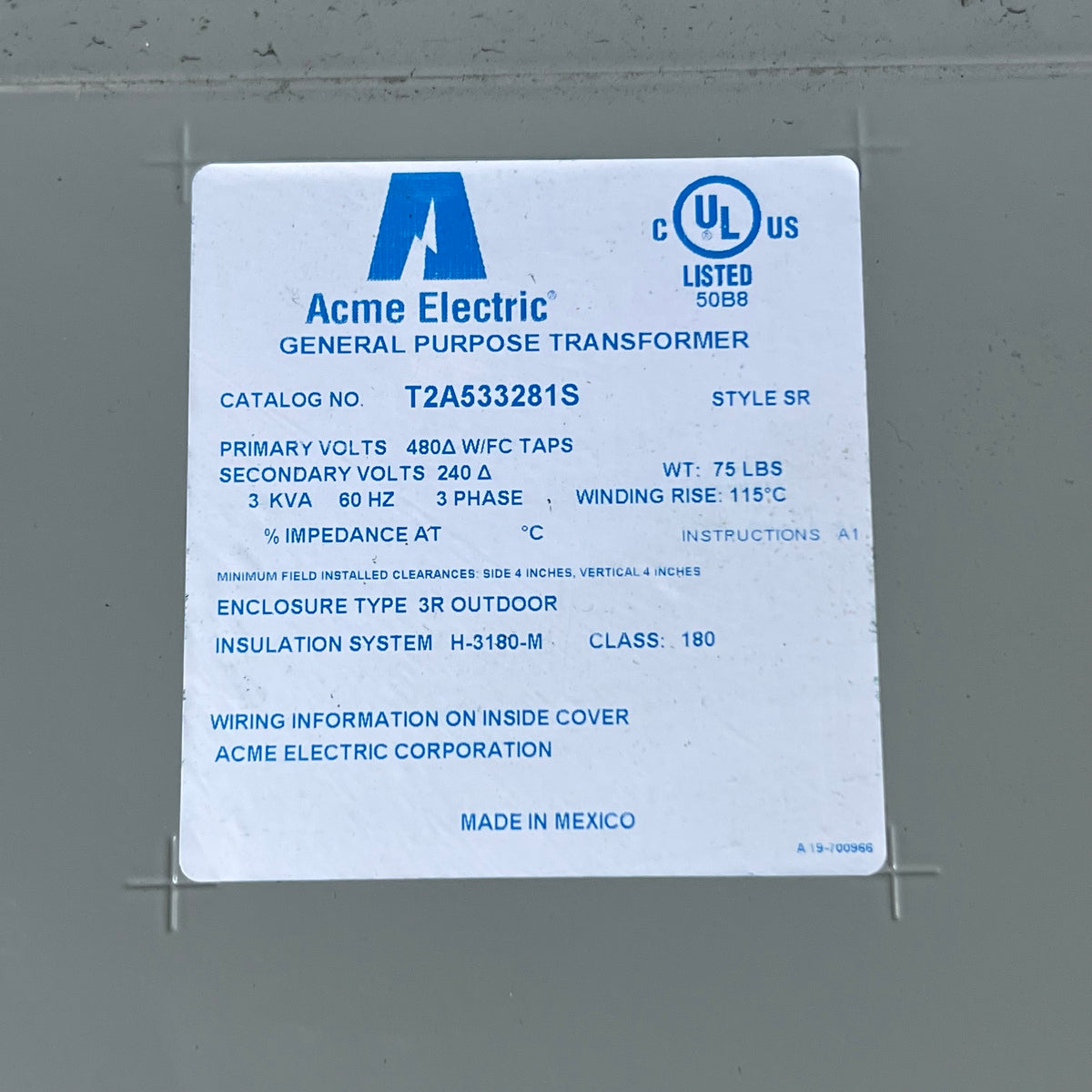 ACME ELECTRIC Dry Type Transformer 3kVA 480V to 340V 3-Phase-Cat Grey T2A533281S