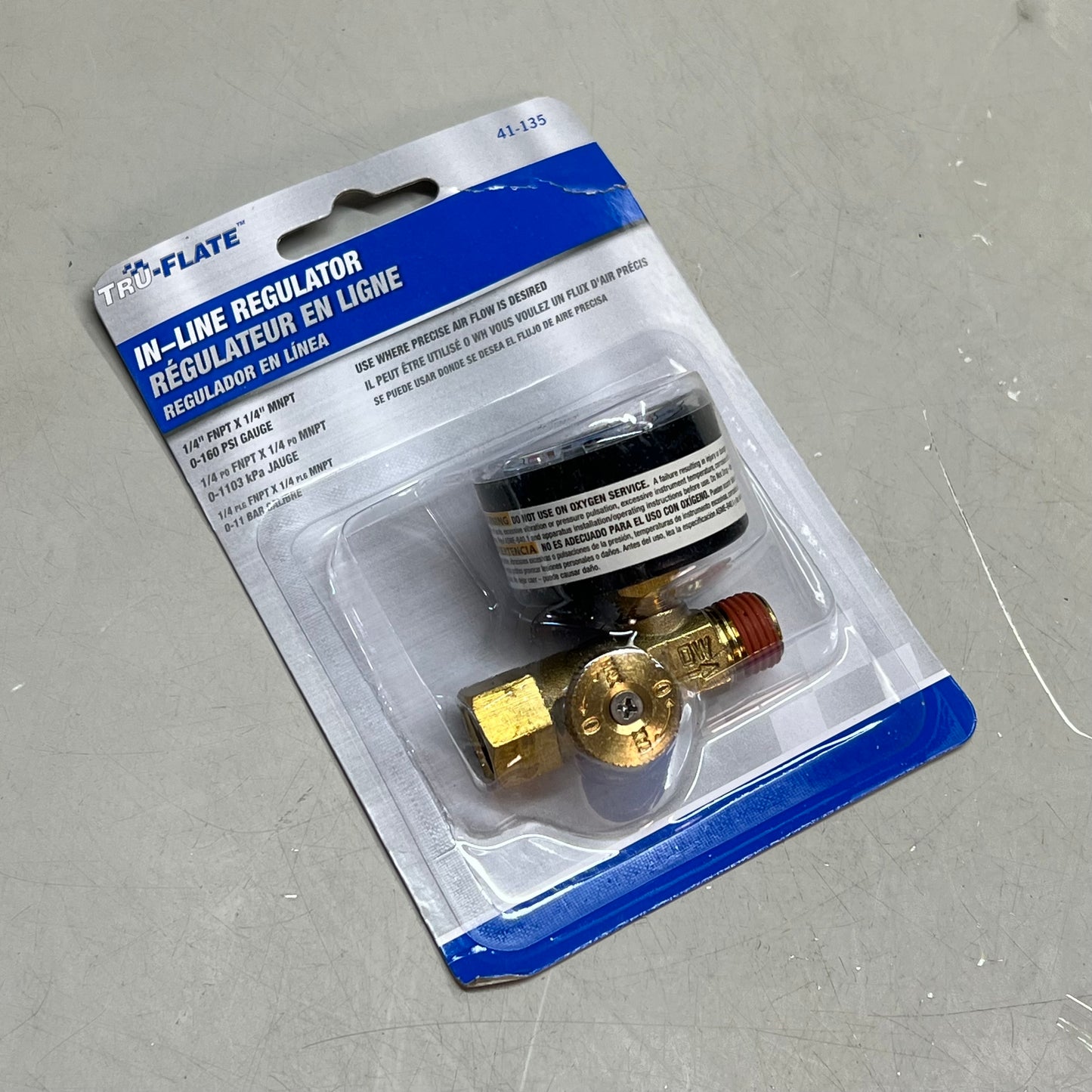 TRU-FLATE In-Line Air Line Regulator & Gauge 0-160 PSI 1/4" Female & Male 41-135