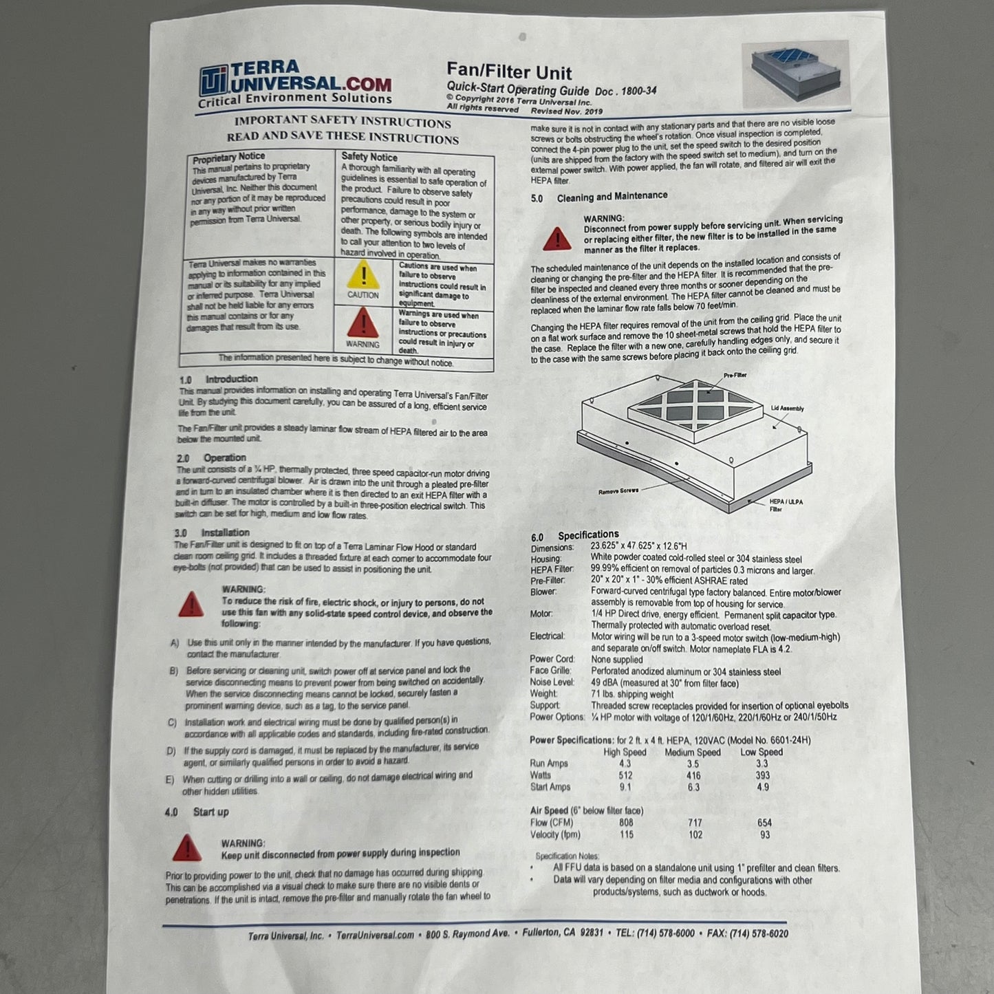 ZHB@ TERRA UNIVERSAL Whisper Flow Filtration System HEPA 240V 16"x36" White 6601-1636-H-220-P183498-3